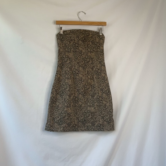 Strapless lace print Y2K vintage brown dress - Picture 4 of 6